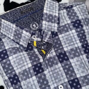 Bugatchi Men's Long Sleeve Button Up Shirt Blue Plaid Polka Dot Long Sleeve XL‎